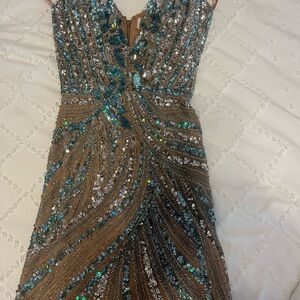 Brown and Blue Sequin Plunge Prom Dress
